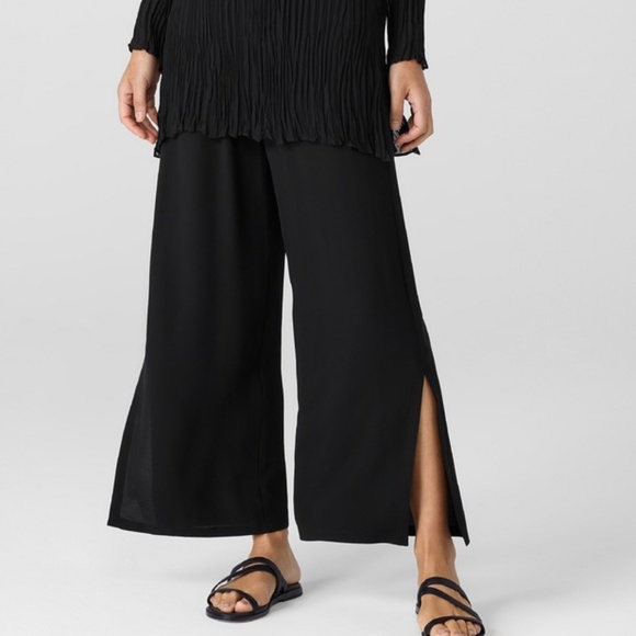 Eileen Fisher Black Silk Georgette Crepe Wide Leg Palazzo Pants Size Large NEW!! - Picture 1 of 7